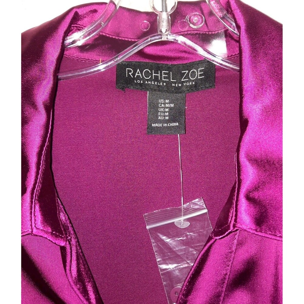 RACHEL ZOE Magenta Wine Satin Shirt Dress Belted Midi Silk Look Long Sleeve M - Picture 4 of 6